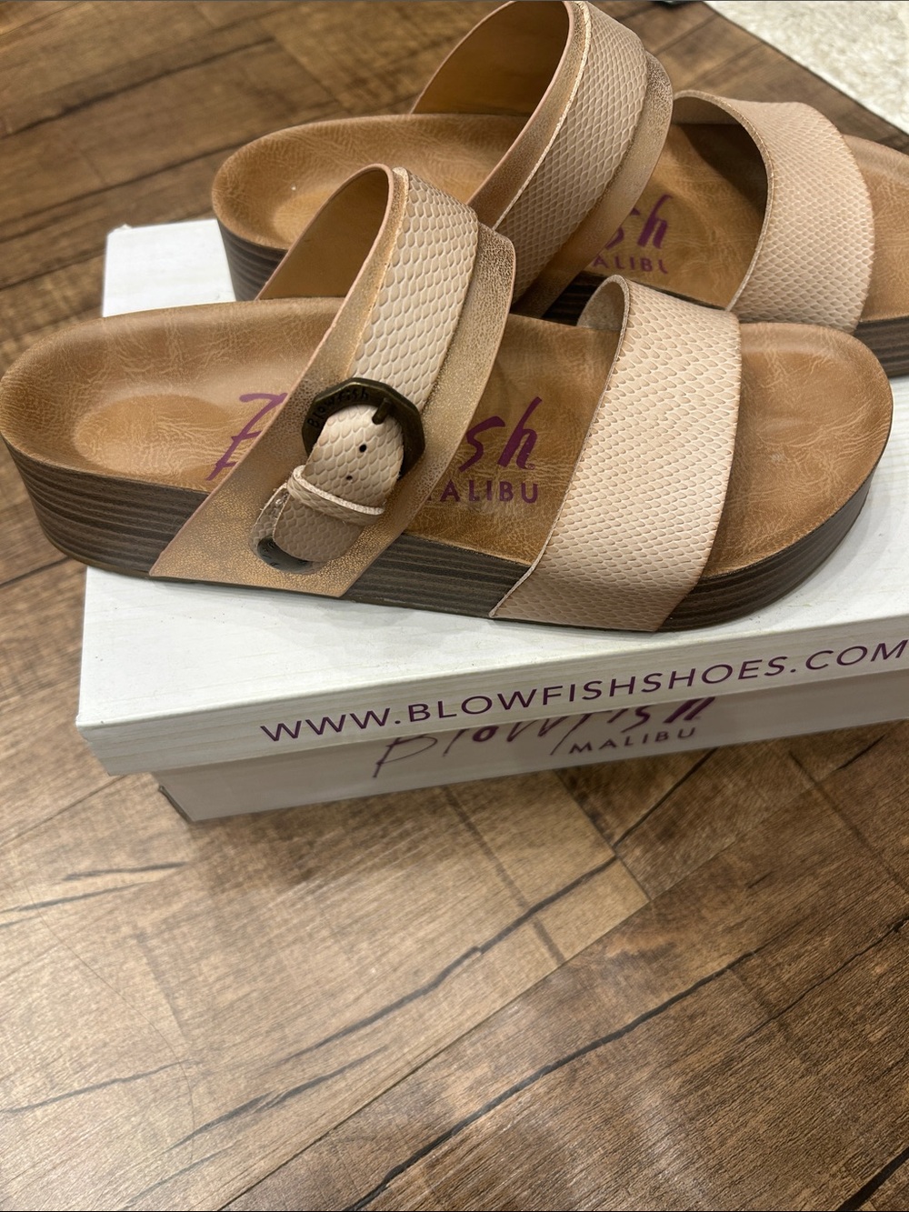 Blowfish Beige Double-Strap Buckle Slide Sandals - Picture 2 of 6